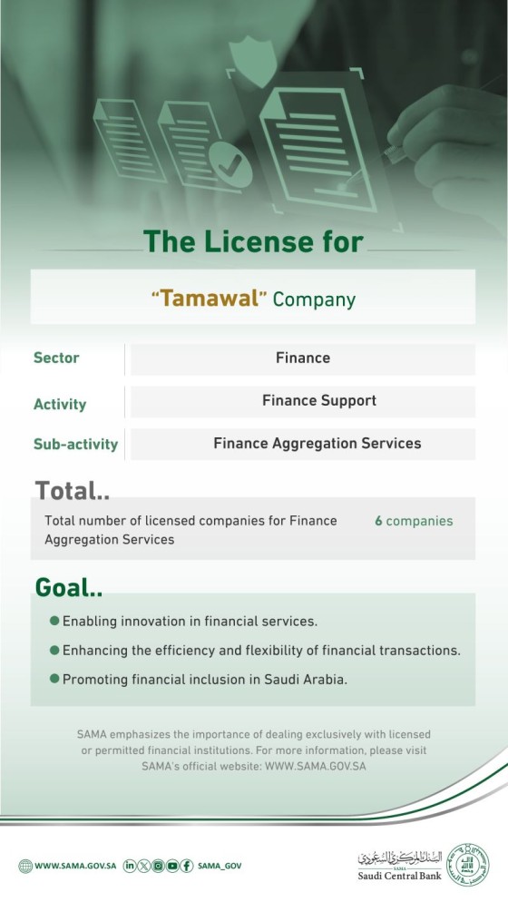 Saudi Central Bank (SAMA) Grants License to Tamawal for Finance Aggregation Services